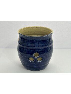 Studio Pottery Blue & Beige Tealight Candle Luminary Lantern Cottagecore Ambient
